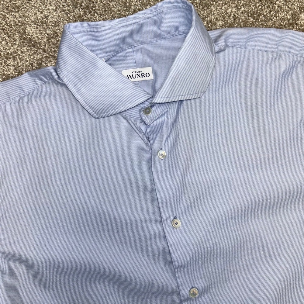 Atelier Munro Men Large Blue Micro Check Dress Shirt Long Sleeve Button Up